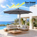 Instahut Outdoor Umbrella w/Base 3m Solar LED Offset Cantilever Patio Parasol Charcoal