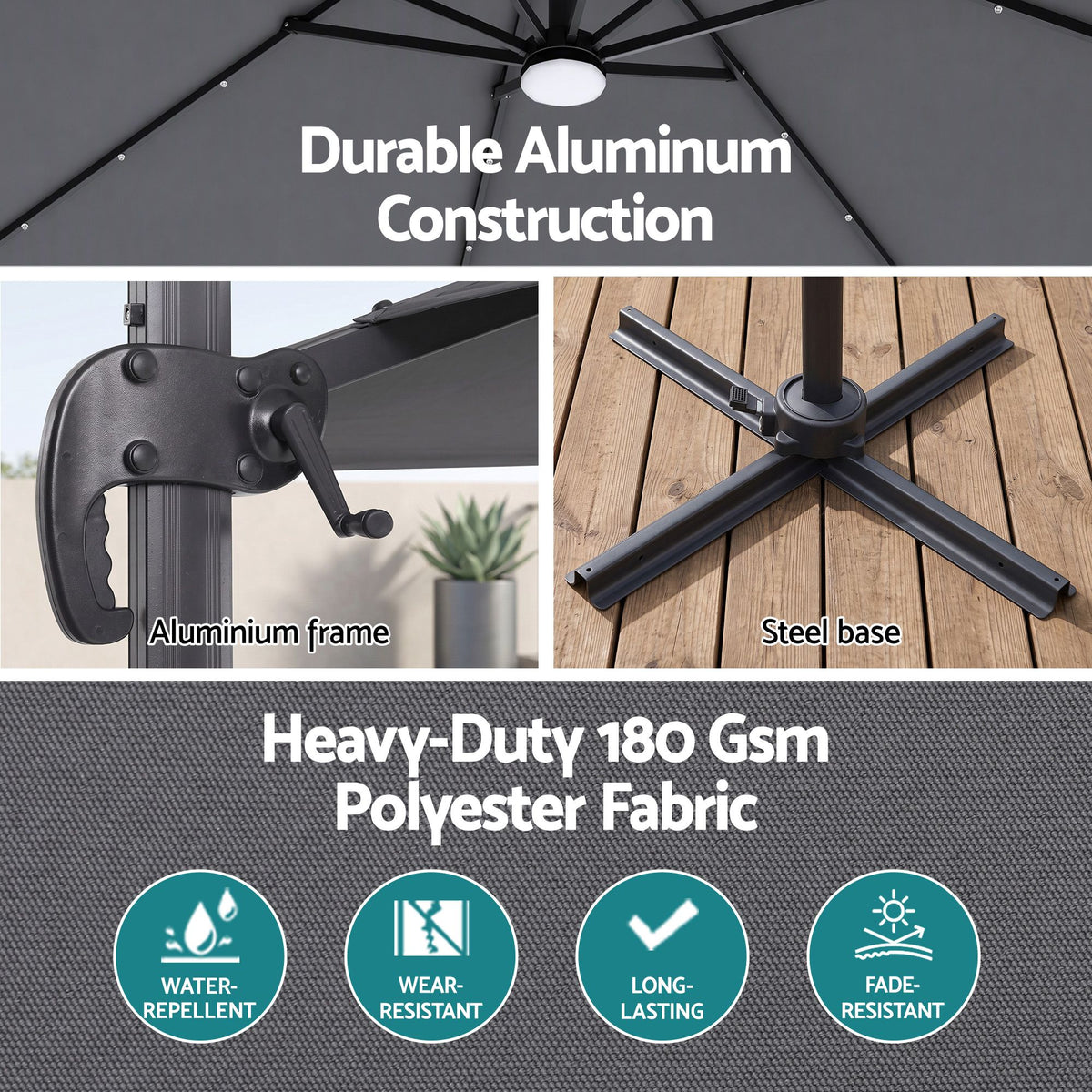 Instahut Outdoor Umbrella w/Base 3m Solar LED Offset Cantilever Patio Parasol Charcoal