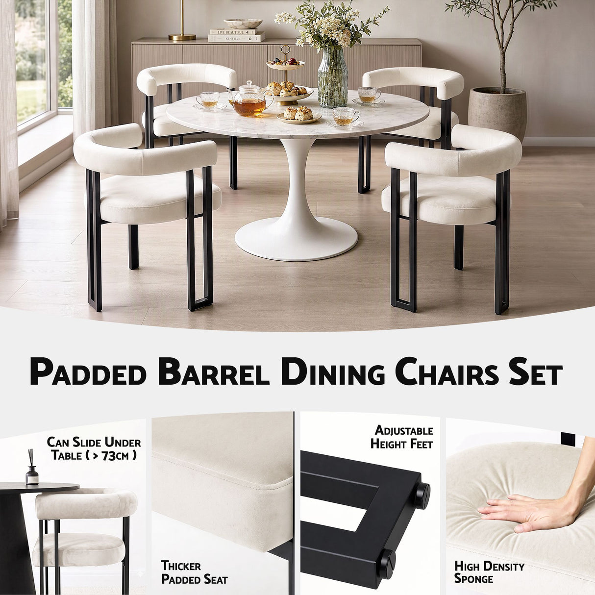 Artiss Dining Chairs Set of 2 Velvet Upholstered Barrel Chairs with Curved Armrests & Back Beige