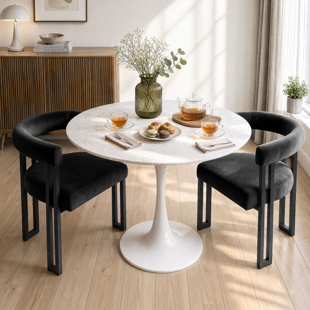 Artiss Dining Chairs Set of 2 Velvet Upholstered Barrel Chairs with Curved Armrests & Back Black