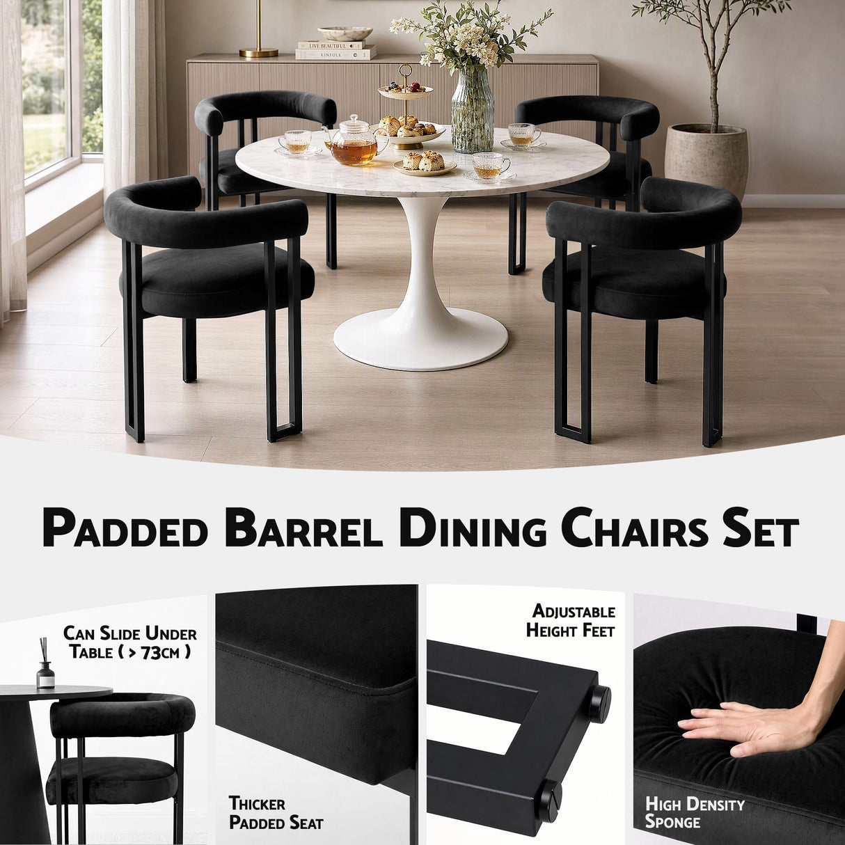 Artiss Dining Chairs Set of 6 Velvet Upholstered Barrel Chairs with Curved Armrests & Back Black