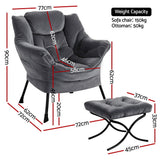 Artiss Armchair Accent Chair Ottoman Lounge Footrest Velvet Grey