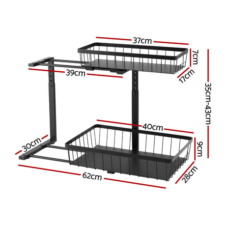 Artiss Under Sink Organizer Storage with 2 Slide Out Drawers 5 Adjustable Height Bathroom Kitchen Cabinet Black