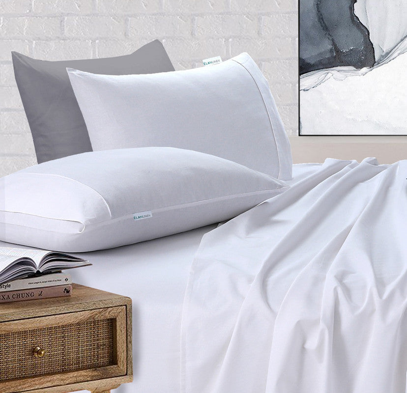 Elan Linen 100% Egyptian Cotton Vintage Washed 500TC White Double Bed Sheets Set