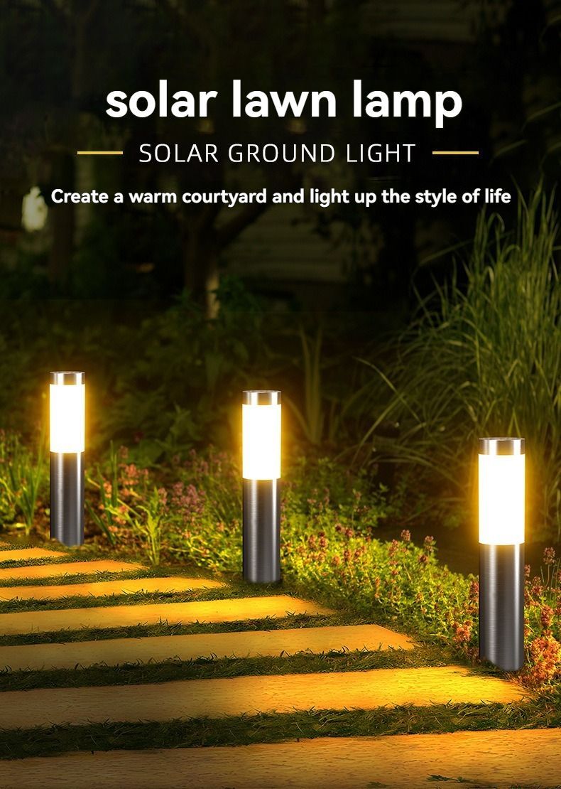 Solar Lawn Lights Stainless Steel Outdoor Lights 3-LED Garden Lights Waterproof - Silver - toned warm light - Size 2PCS