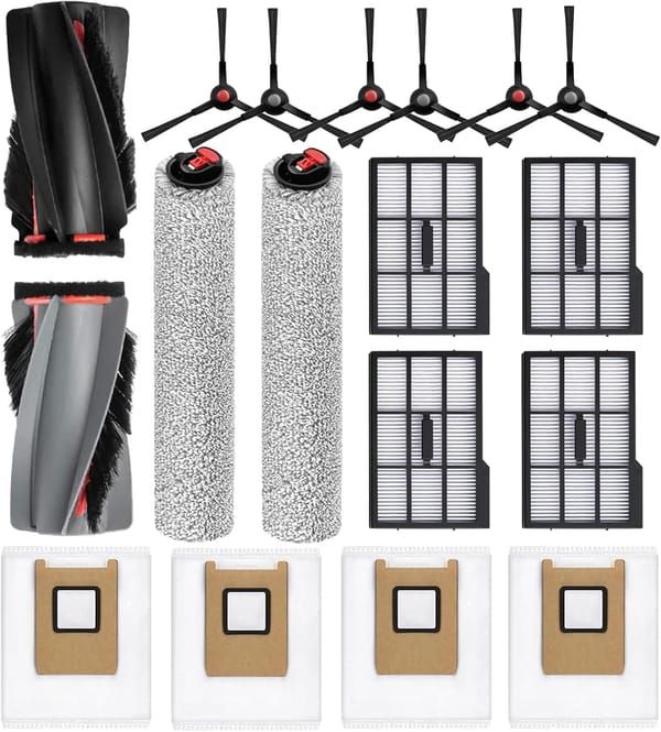 Eufy E28 Omni / E25 Omni Robot Vacuum Cleaner 17-piece Replacement Kit, 1 set of main brushes, 2 roller mops, 6 side brushes, 4 HEPA filters, 4 dust bags