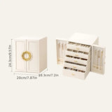 White   1 Large Faux Leather Jewelry Storage Box with 5 Drawers and Gold Handles - An elegant rectangular storage space for rings, necklaces, bracelets, earrings, and watches - Features soft fabric lining, side door design, textured surface finish - Luxur
