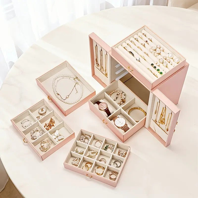 Pink  1 Large Faux Leather Jewelry Storage Box with 5 Drawers and Gold Handles - An elegant rectangular storage space for rings, necklaces, bracelets, earrings, and watches - Features soft fabric lining, side door design, textured surface finish - Luxury