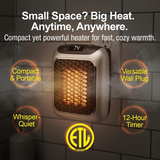 Wireless heater, rechargeable air heater with remote control, mini ceramic PTC fan heater, bathroom, energy-saving, quiet heating, 1200W heater with 12-hour timer, thermostat