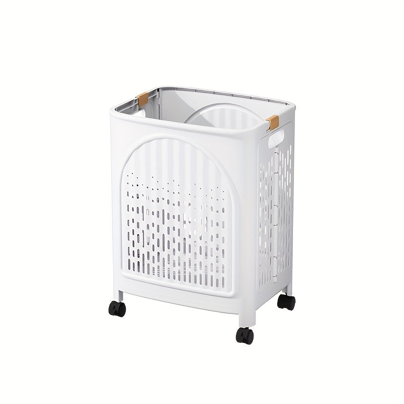 A wheeled foldable plastic laundry basket, suitable for dirty clothes and easy to move. It features a breathable design for convenience and practicality.