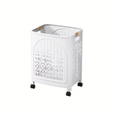 A wheeled foldable plastic laundry basket, suitable for dirty clothes and easy to move. It features a breathable design for convenience and practicality.