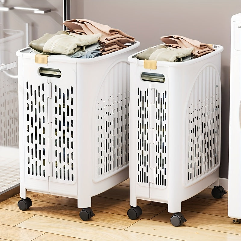 A wheeled foldable plastic laundry basket, suitable for dirty clothes and easy to move. It features a breathable design for convenience and practicality.
