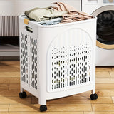 A wheeled foldable plastic laundry basket, suitable for dirty clothes and easy to move. It features a breathable design for convenience and practicality.