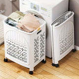 A wheeled foldable plastic laundry basket, suitable for dirty clothes and easy to move. It features a breathable design for convenience and practicality.