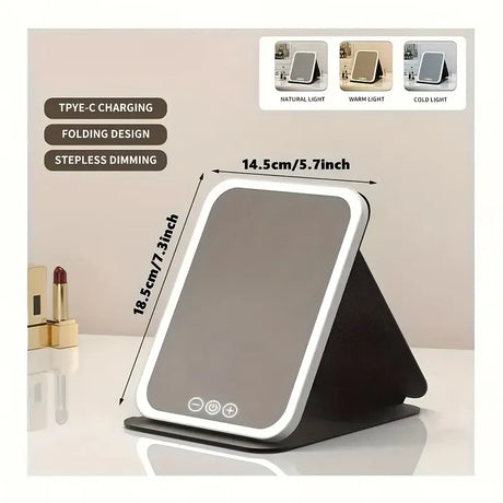 LED makeup mirror, portable travel mirror with foldable design and built-in lights, 3 lighting modes, intelligent adjustable light strip makeup mirror, rechargeable travel mirror, LED light mini vanity mirror, 3 color modes with adjustable light, foldable