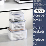 9-piece set (3 containers + 3 lids + 3 draining baskets) plastic food storage box - leak-proof, freezer-safe, reusable multi-functional kitchen storage box, suitable for fruits, vegetables and most foods
