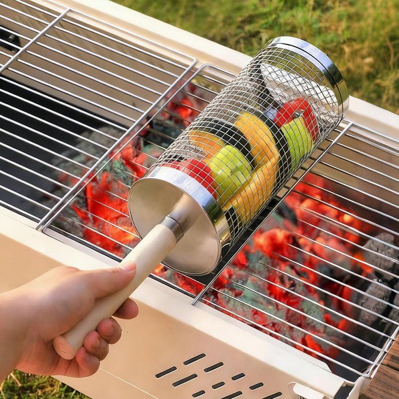 2-Pack Rolling Grill Baskets 304 Stainless Steel with Removable Wooden Handle for Vegetables and Shrimp, 35 x 9.5 cm