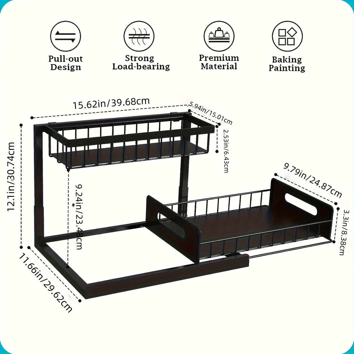 Kitchen sink storage box, pull-out cabinet storage box 2-layer sliding sink rack cabinet storage rack, kitchen bathroom cabinet sink drain storage pull-out frame