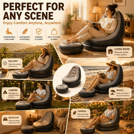 Large size inflatable sofa with foot pedal / foot stool Large size wide seat deep sitting feeling, high back embracing support, strong load capacity, suitable for all weights and body types Thick and wear-resistant PVC material is strong and resistant to