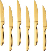 Stainless Steel Serrated Steak Knife Set of 6, BuyGo Gold Color Heavy Duty Dinner Table Knives for Cutting Meat, Beef, 8.6 Inch, Dishwasher Safe