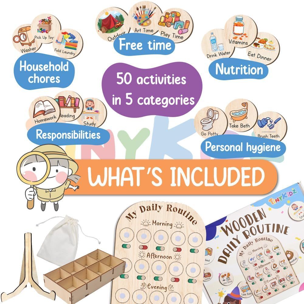 Daily Routine Chart for Kids, Visual Schedule, Routine Chart for Toddlers 3-5, Morning Bedtime Routine Chart for Toddlers, Wooden Chore Chart for Kids