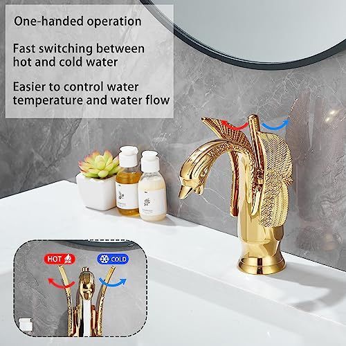Swan-Shaped Bathroom Faucet – Single-Handle Single-Hole Sink Faucet, Deck-Mounted, Short Model, Elegant Vanity Faucet for Bathroom - White-Gold - Size 19cm