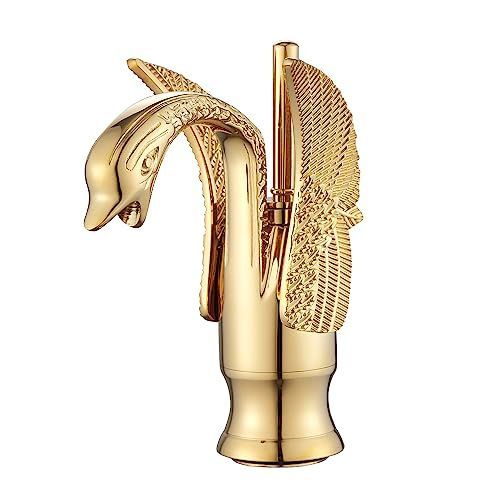 Swan-Shaped Bathroom Faucet – Single-Handle Single-Hole Sink Faucet, Deck-Mounted, Short Model, Elegant Vanity Faucet for Bathroom - White-Gold - Size 19cm