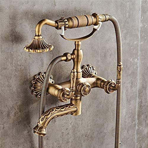 Bathtub Faucet with Handheld Shower – Antique Brass Wall-Mounted Multifunctional Mixer Tap, Hot & Cold Water, Vintage Bathroom Tub Faucet - Bronze - Size A