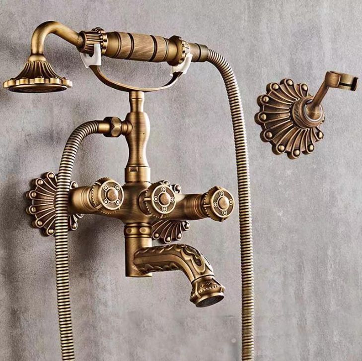Bathtub Faucet with Handheld Shower – Antique Brass Wall-Mounted Multifunctional Mixer Tap, Hot & Cold Water, Vintage Bathroom Tub Faucet - Bronze - Size B