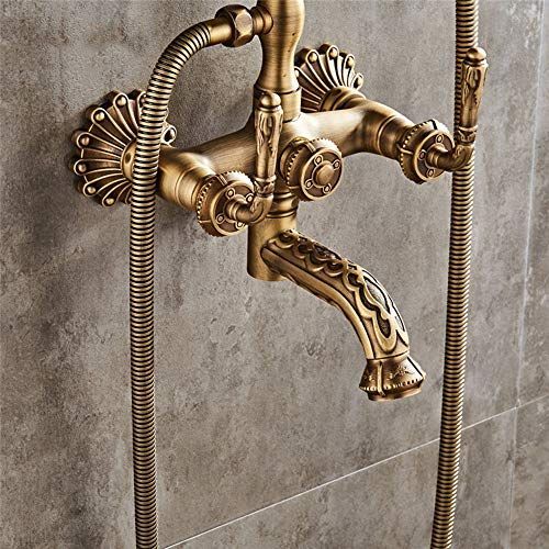 Bathtub Faucet with Handheld Shower – Antique Brass Wall-Mounted Multifunctional Mixer Tap, Hot & Cold Water, Vintage Bathroom Tub Faucet - Bronze - Size B