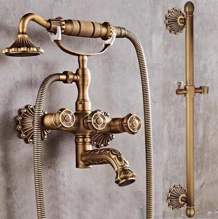 Bathtub Faucet with Handheld Shower – Antique Brass Wall-Mounted Multifunctional Mixer Tap, Hot & Cold Water, Vintage Bathroom Tub Faucet - Bronze - Size C