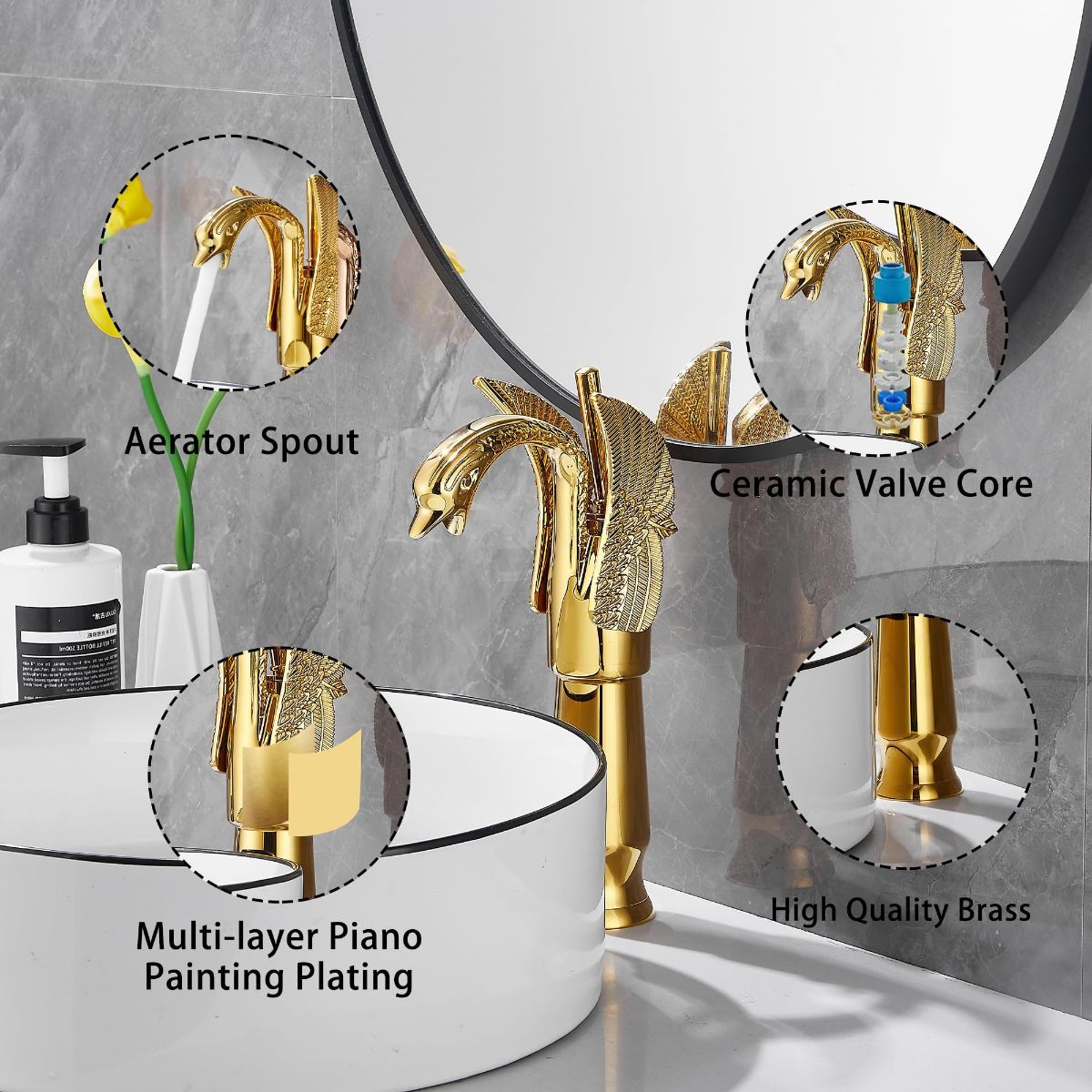 Swan-Shaped Single-Handle Single-Hole Vessel Faucet – Deck-Mounted Bathroom Sink Faucet, Tall Model, Elegant Vanity Faucet - Gold - Size 33cm