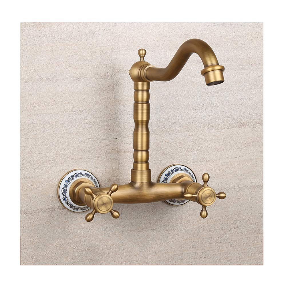 Antique Bathtub Faucet – Dual-Handle Brass Wall-Mounted Tub Faucet with Hot & Cold Mixer, Tall Model, Elegant for Villa Bathroom - Bronze - Size Tall3