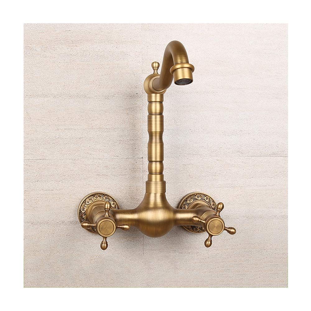 Antique Bathtub Faucet – Dual-Handle Brass Wall-Mounted Tub Faucet with Hot & Cold Mixer, Tall Model, Elegant for Villa Bathroom - Bronze - Size Tall4