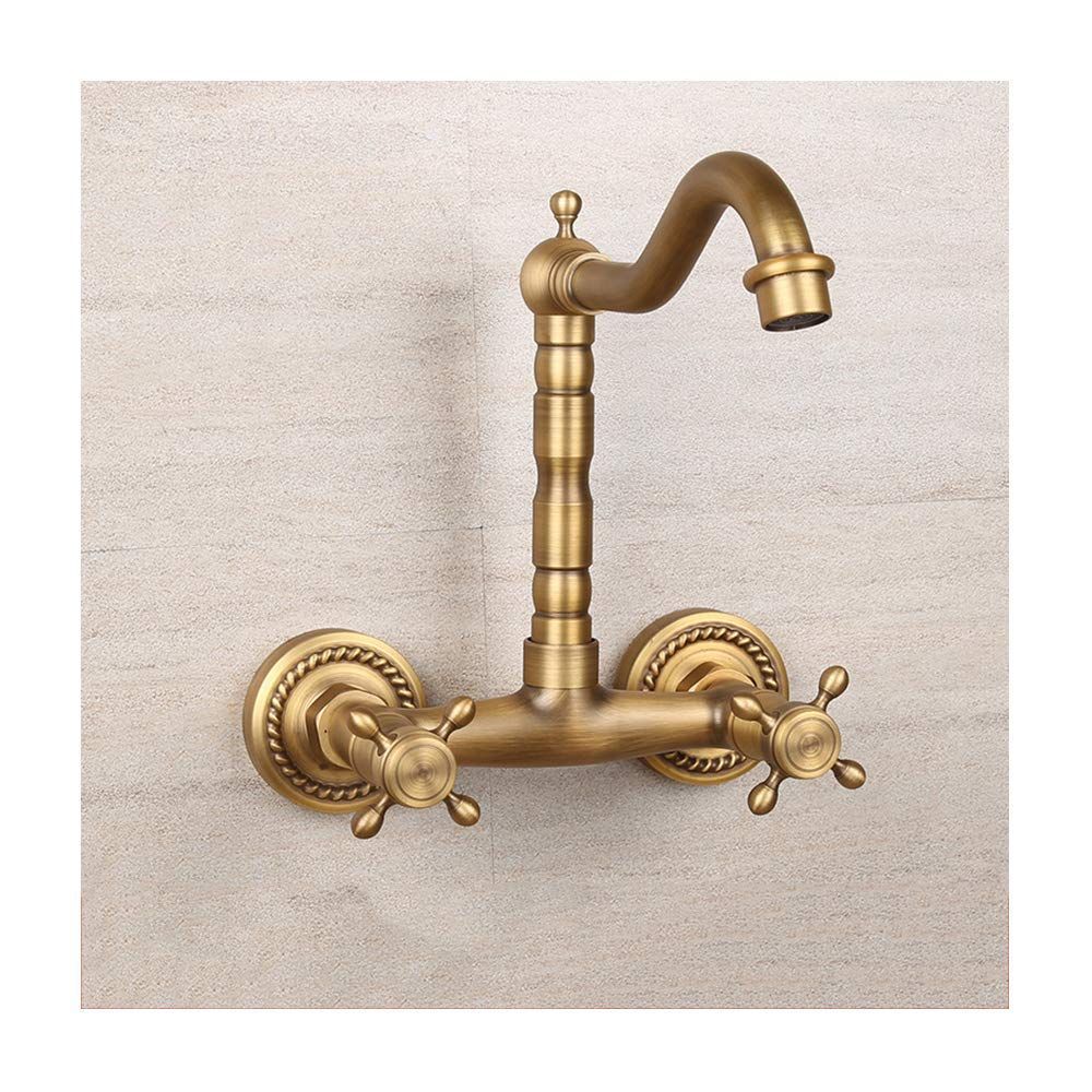 Antique Bathtub Faucet – Dual-Handle Brass Wall-Mounted Tub Faucet with Hot & Cold Mixer, Tall Model, Elegant for Villa Bathroom - Bronze - Size Tall4