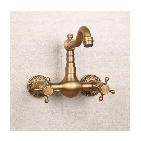 Antique Bathtub Faucet – Dual-Handle Brass Wall-Mounted Tub Faucet with Shower, Hot & Cold Mixer, Short Model, Elegant Bathroom & Villa Faucet - Bronze - Size Short1