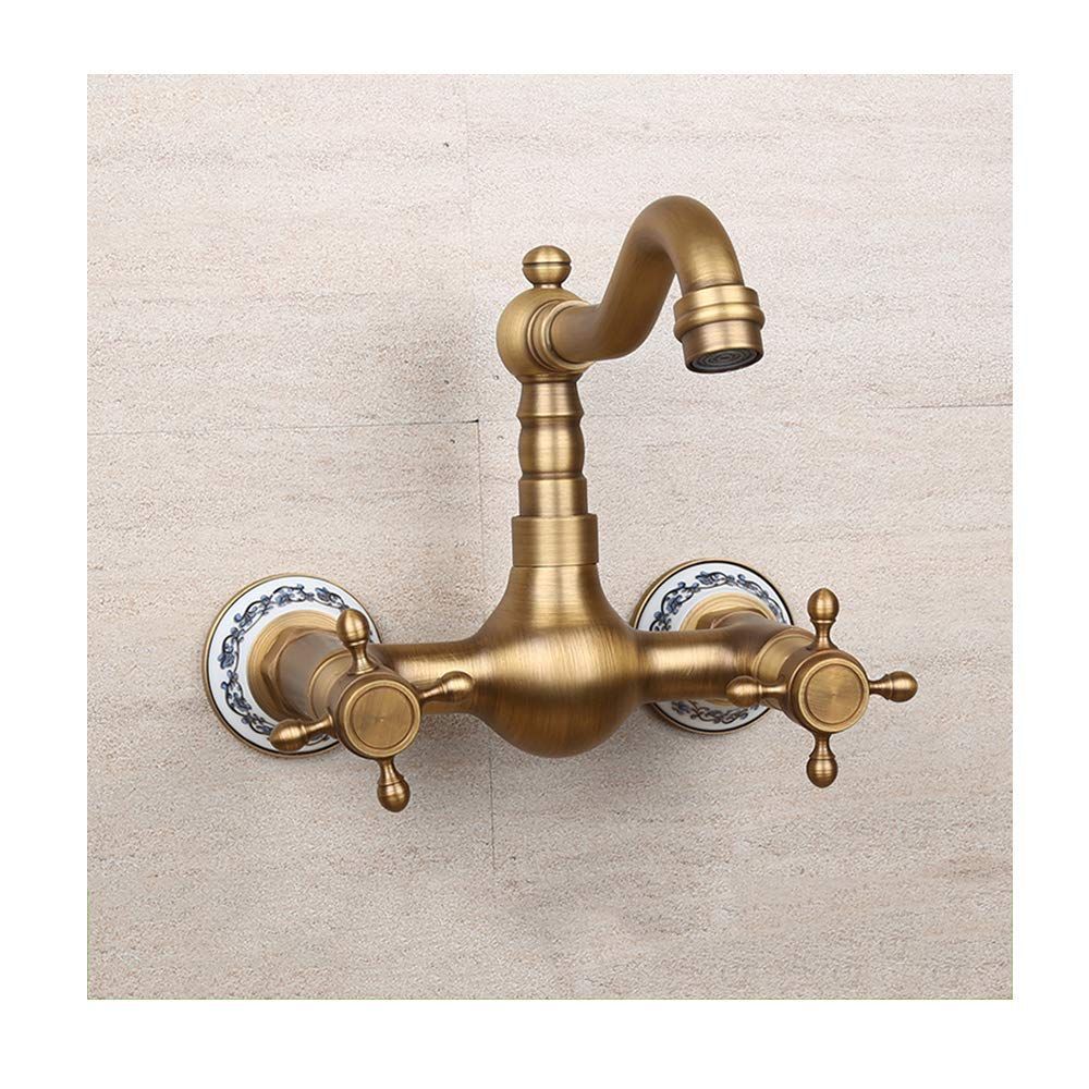 Antique Bathtub Faucet – Dual-Handle Brass Wall-Mounted Tub Faucet with Shower, Hot & Cold Mixer, Short Model, Elegant Bathroom & Villa Faucet - Bronze - Size Short2