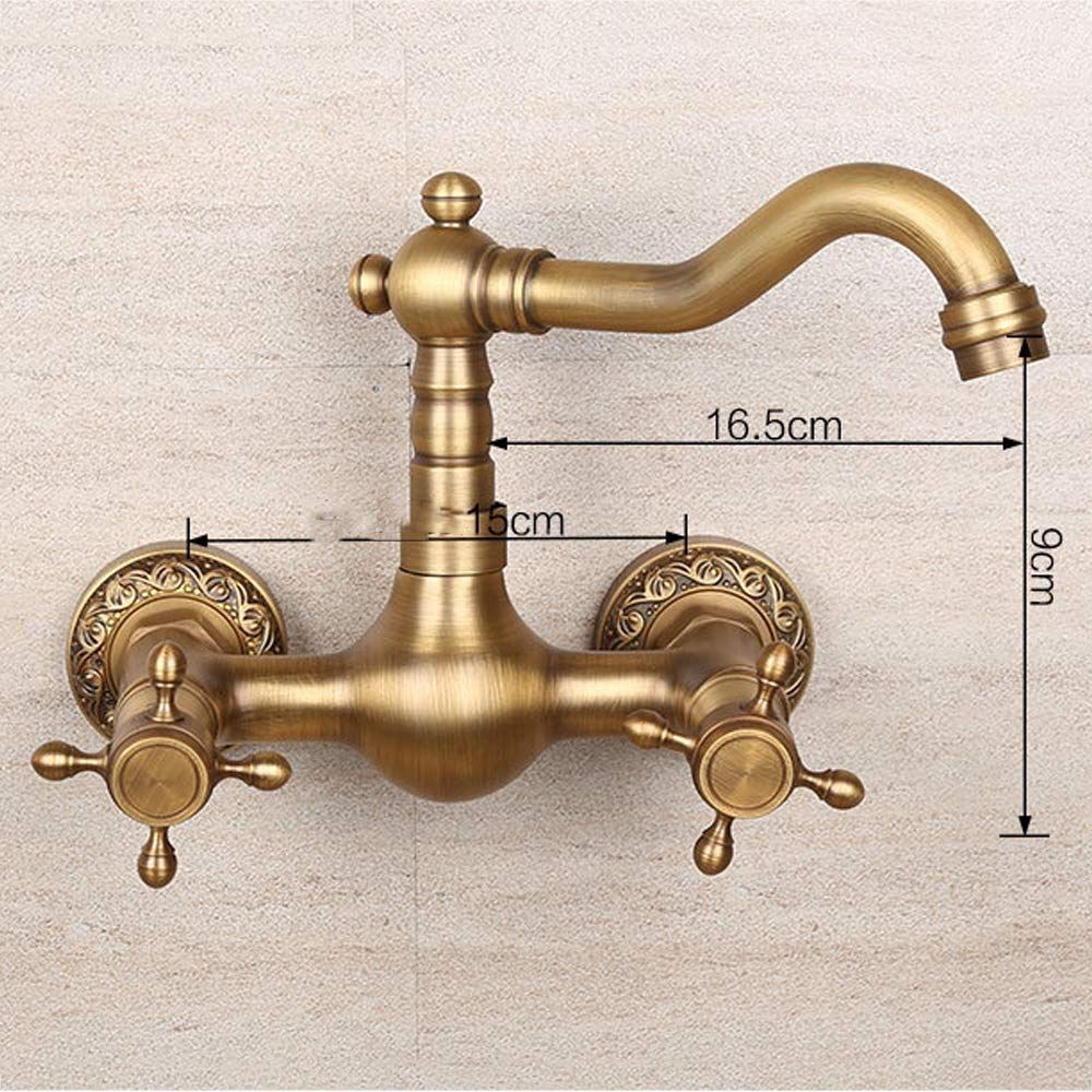 Antique Bathtub Faucet – Dual-Handle Brass Wall-Mounted Tub Faucet with Shower, Hot & Cold Mixer, Short Model, Elegant Bathroom & Villa Faucet - Bronze - Size Short2