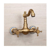 Antique Bathtub Faucet – Dual-Handle Brass Wall-Mounted Tub Faucet with Shower, Hot & Cold Mixer, Short Model, Elegant Bathroom & Villa Faucet - Bronze - Size Short3