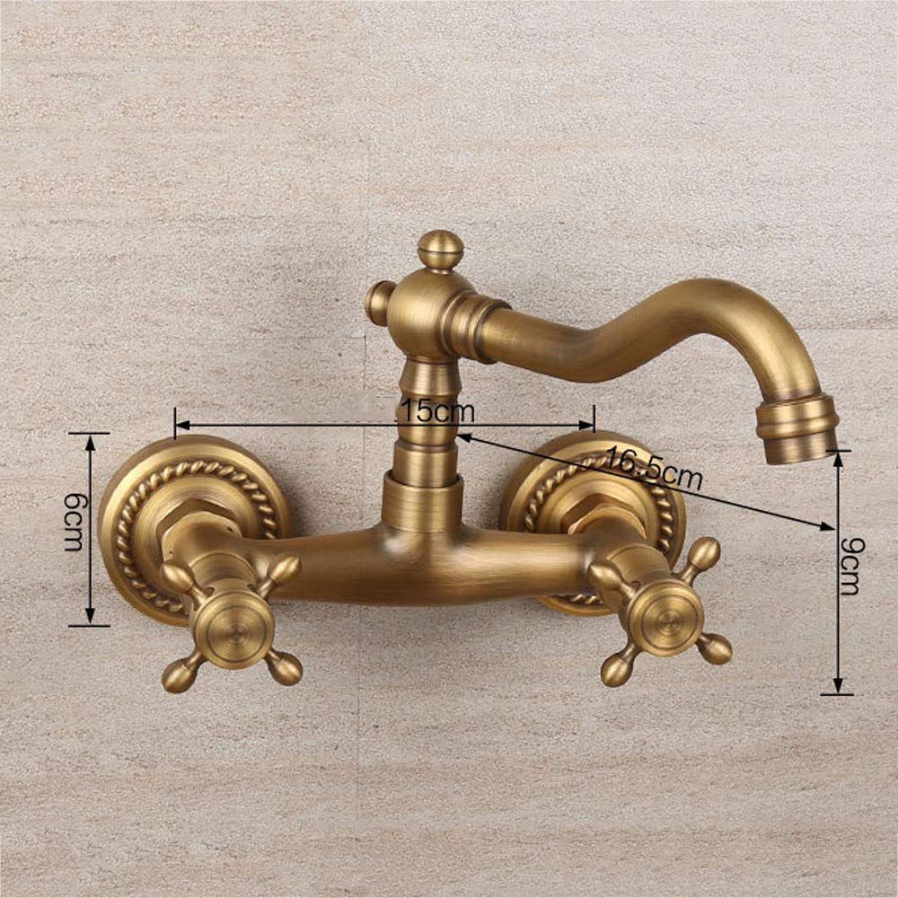 Antique Bathtub Faucet – Dual-Handle Brass Wall-Mounted Tub Faucet with Shower, Hot & Cold Mixer, Short Model, Elegant Bathroom & Villa Faucet - Bronze - Size Short3