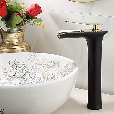 Basin Hot and Cold Water Faucet, Waterfall Type Water Outlet, Antique Brushed Finish – Vintage Bathroom Sink Faucet - White-Gold - Size 280mm
