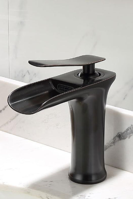Basin Hot and Cold Water Faucet – Waterfall Spout, Antique Brushed Finish, Short Model, Vintage Bathroom Sink Mixer Tap - Black-Gold - Size 135mm