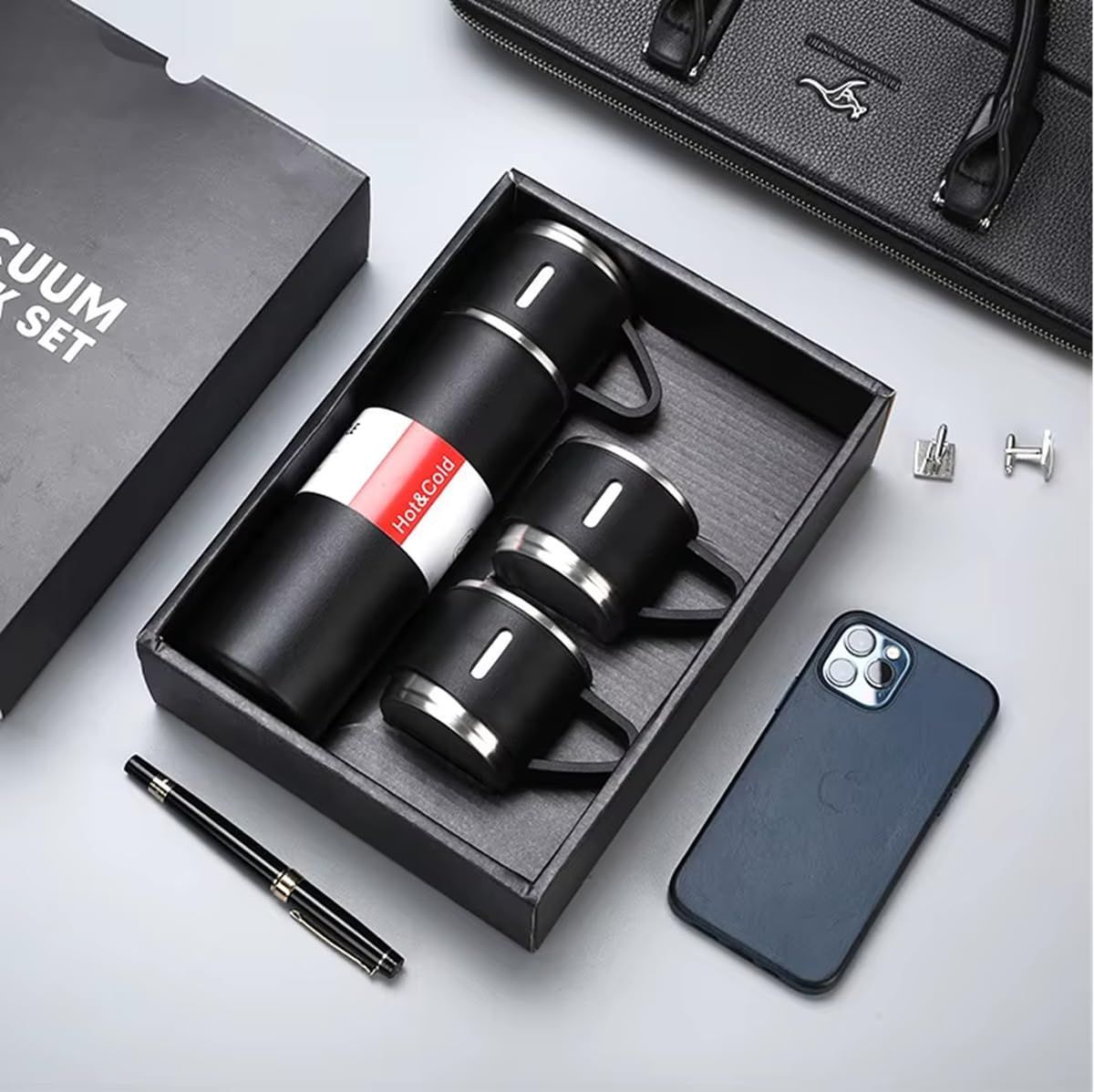 Stainless Steel Vacuum Flask Gift Set with 2 Sharing Cups — 500ml Double-Wall Insulated Bottle | 12H Hot, 24H Cold | Coffee & Tea Travel Mug | Father's Day Birthday Gift - Black - Size 500ml