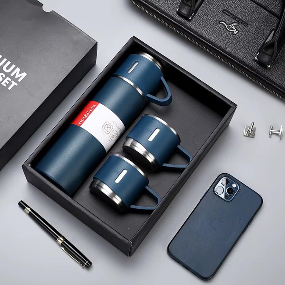 Stainless Steel Vacuum Flask Gift Set with 2 Sharing Cups — 500ml Double-Wall Insulated Bottle | 12H Hot, 24H Cold | Coffee & Tea Travel Mug | Father's Day Birthday Gift - Black - Size 500ml