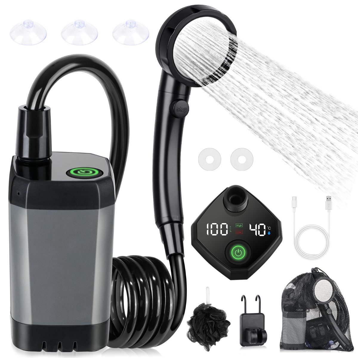 Portable Shower for Camping, [Long-Lasting] 6000mAh Rechargeable Camping Shower with Intelligent LED Display, 4 Spray Modes, IPX7 Waterproof Outdoor Camp Pump for Hiking, Travel, Car, Pet - Gray - Size 4.64*2.64in