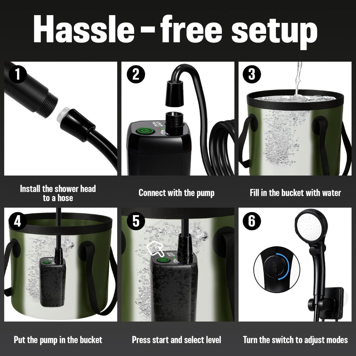 Portable Camping Shower, 6000mAh Rechargeable Outdoor Shower Pump 4 Spray Modes & Speeds, Ipx7 Waterproof, LED Display, Portable Shower for Camping, Car & Pet - Gray - Size 5.3-gallon bucket