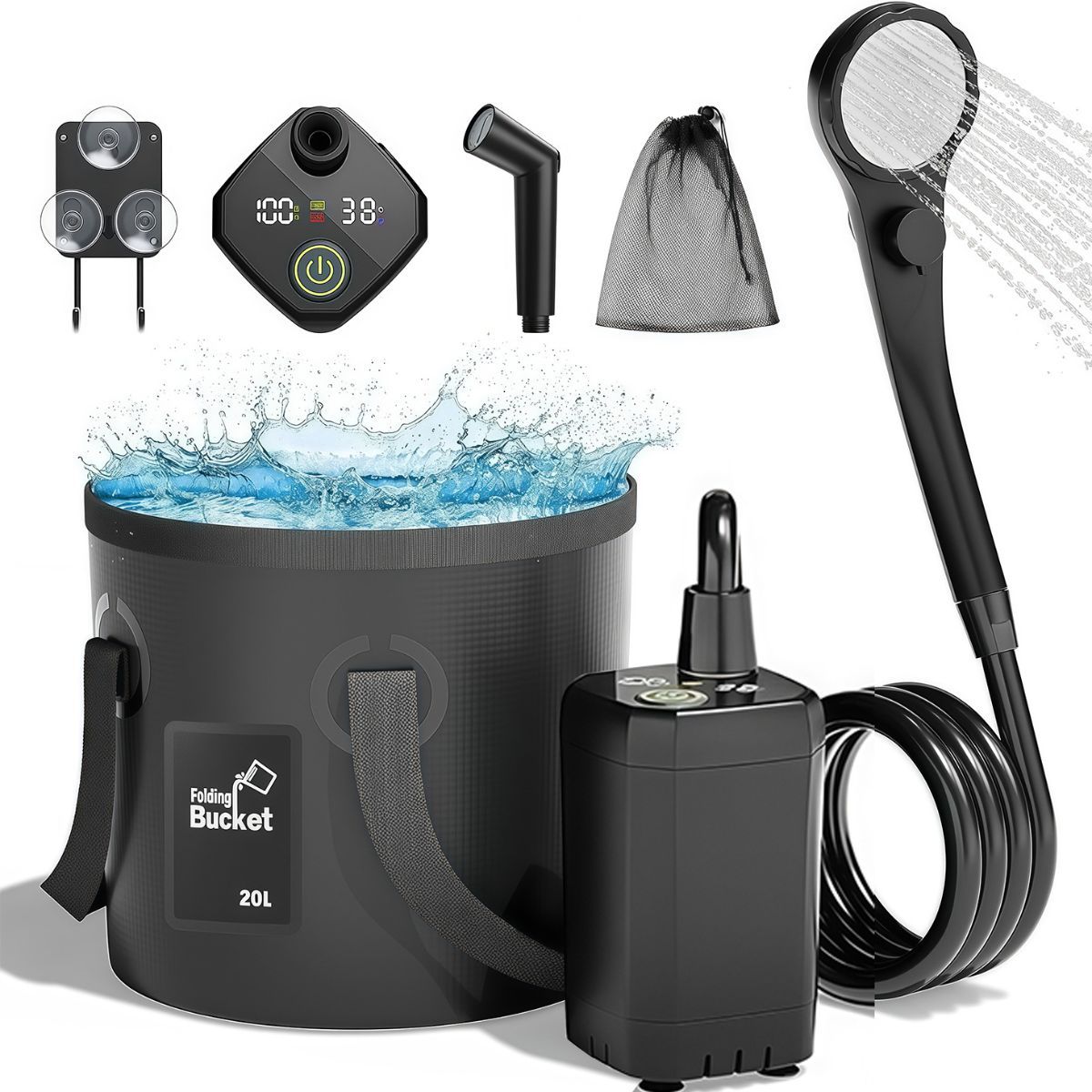 Portable Camping Shower, 6000mAh Rechargeable Outdoor Shower Pump 4 Spray Modes & Speeds, Ipx7 Waterproof, LED Display, Portable Shower for Camping, Car & Pet - Gray - Size 5.3-gallon bucket
