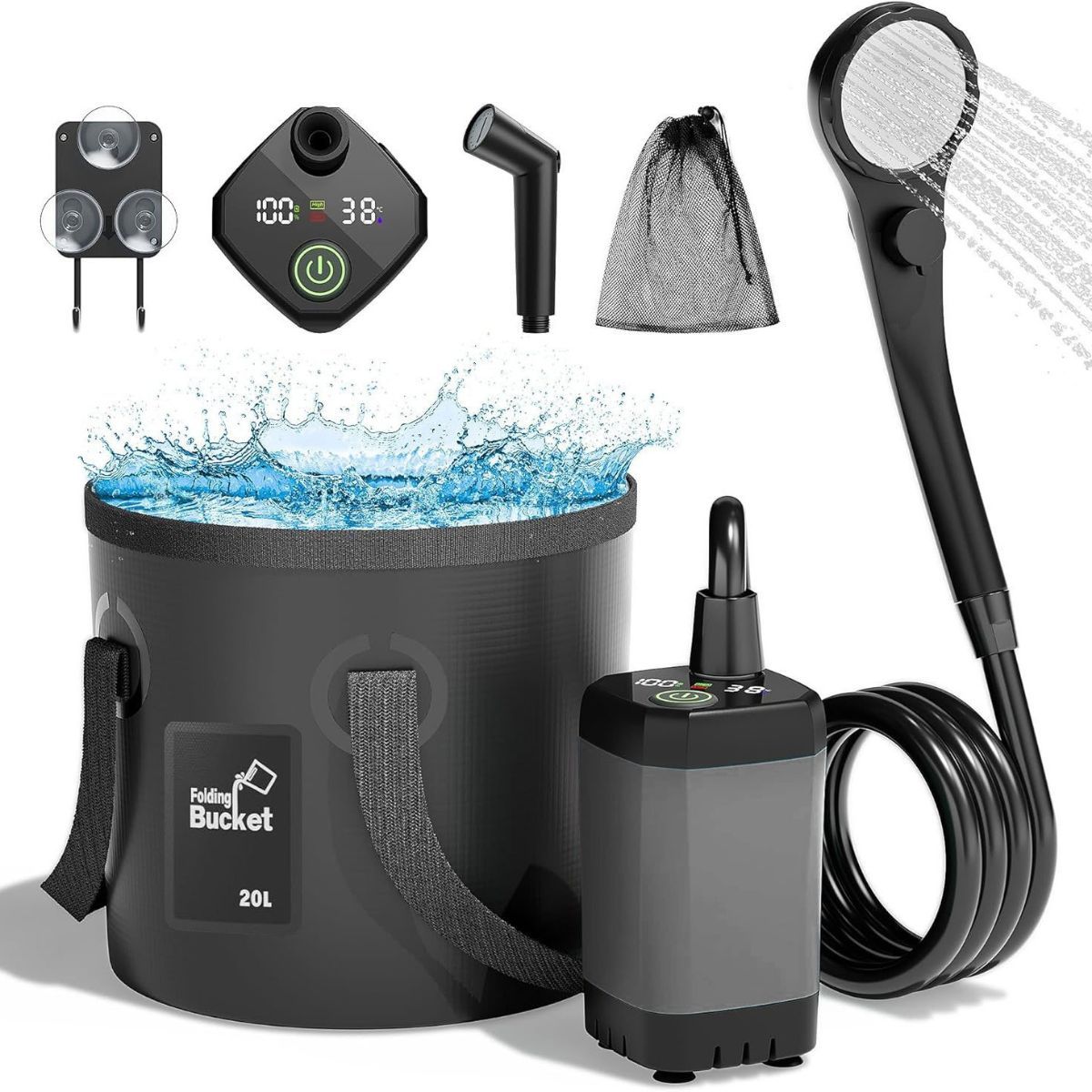Portable Camping Shower, 6000mAh Rechargeable Outdoor Shower Pump 4 Spray Modes & Speeds, Ipx7 Waterproof, LED Display, Portable Shower for Camping, Car & Pet - Gray - Size 5.3-gallon bucket