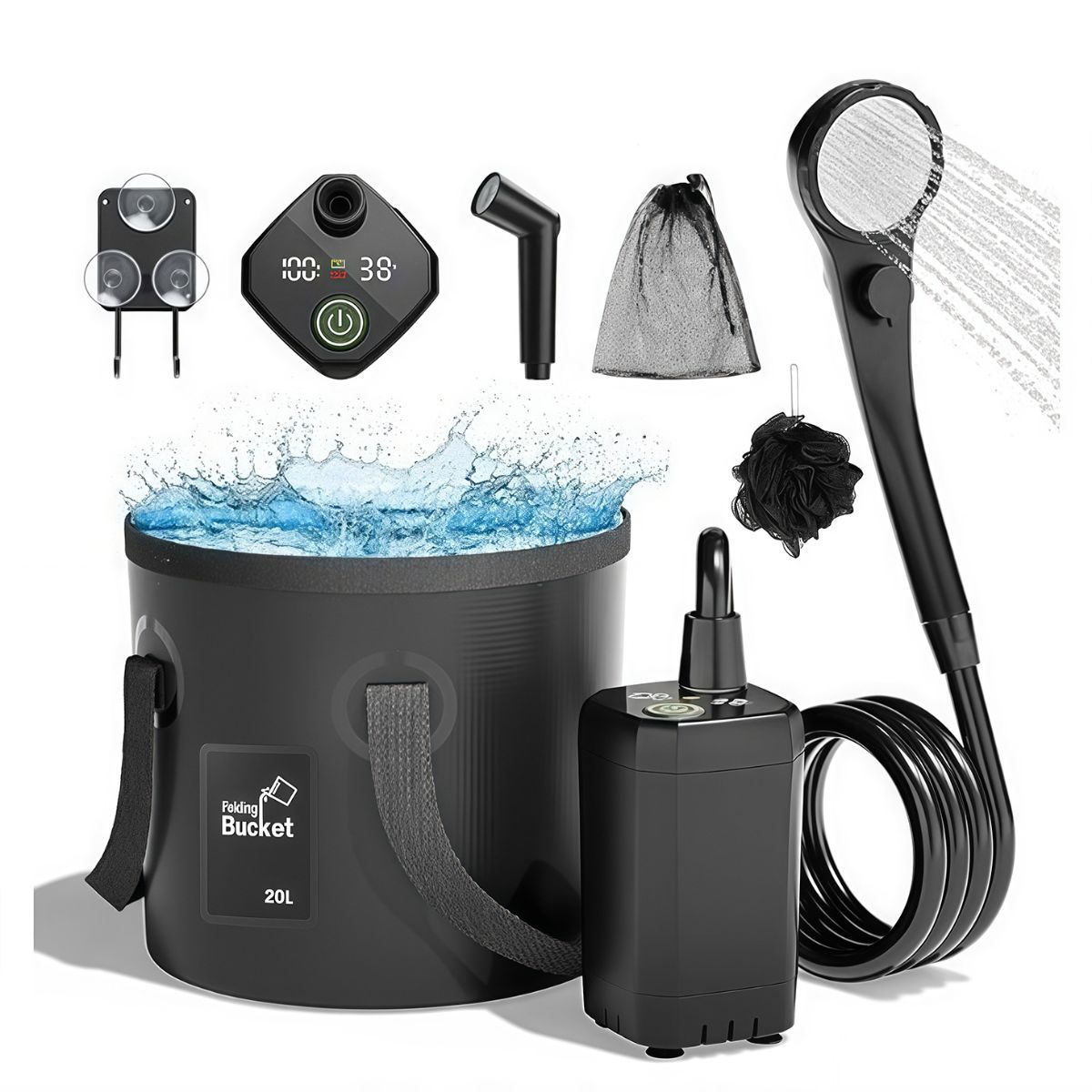 Portable Camping Shower, 6000mAh Rechargeable Outdoor Shower Pump 4 Spray Modes & Speeds, Ipx7 Waterproof, LED Display, Portable Shower for Camping, Car & Pet - Gray - Size 5.3-gallon bucket