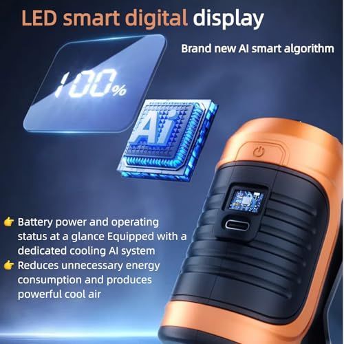 Clip Fan Portable Waist Clip Fan & Neck Fan, Dual Air Vents Strong Airflow Intelligent Digital Display Rechargeable, Wearable Cooling Fan for Outdoor Sports, Travel, Office, and Home Use - Orange - Size 10.7*9.5cm